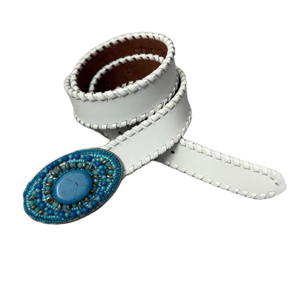 Chicos Leather Belt Small Womens White Embellished Buckle Beaded Faux Turquoise
